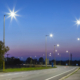 Evening view of LED street lights along an urban road