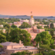 Sunset view of the Santa Fe, New Mexico skyline with mountains in the distance