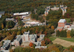 Daytime aerial view of the Wellesley University campus in Massachusetts