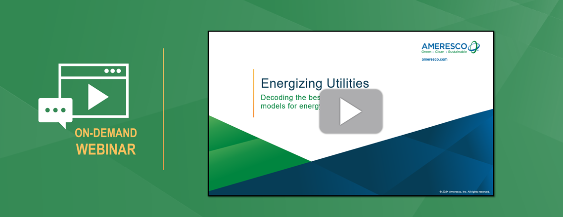 Webinar thumbnail with the words On-Demand Webinar and a screen shot of a presentation entitled Energizing Utilities Decoding the Best Models for Energy Infrastructure Projects