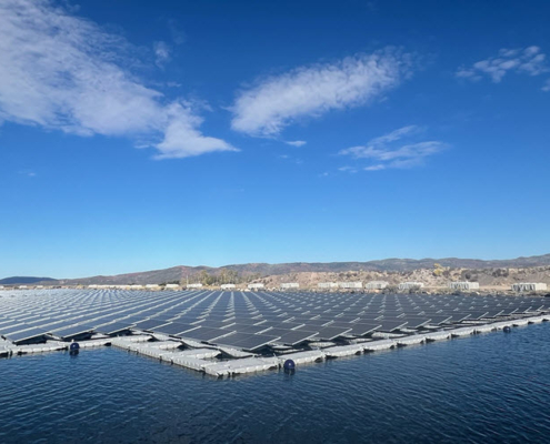 Daytime view pf a floating solar energy system at Mountain Regional Water in Utah