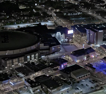 Evening aerial view of downtown Memphis showing LED municipal lighting