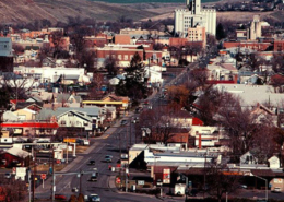 Daytime view of a section of Pendleton with mountains in the distance