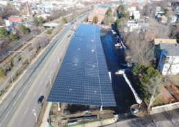 Aerial view of a solar car park at Roxbury Community College