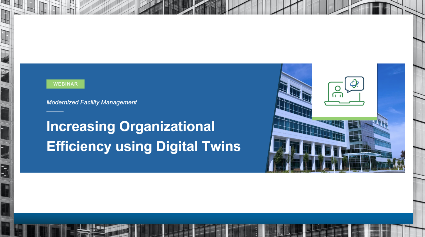 Screen shot of the first slide of an Ameresco webinar entitled Modernized Facility Management Increasing Organizational Efficiency using Digital Twins