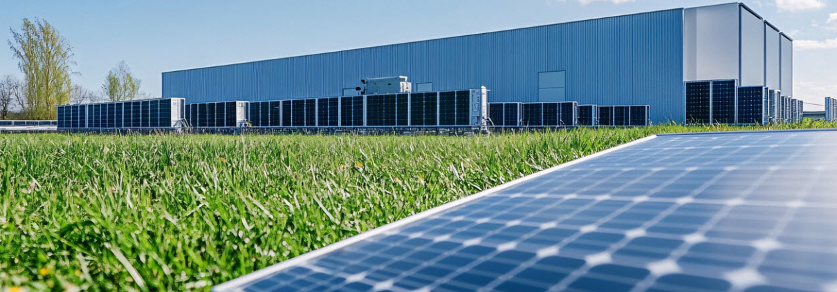 Daytime view of a data center battery energy storage system and solar panels alongside a building