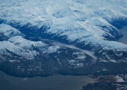 Evening view of sow-capped mountains around Juneau Alaska