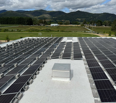 Daytime view of a Phoenix Talent School District rooftop solar array