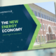 The cover of an Ameresco white paper entitled The New Energy Economy Financial Models for Modernization superimposed against a blurred image of an office worker at a desk in a modern high rise building