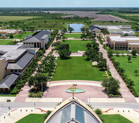 Daytime aerial view of Ave Maria University campus