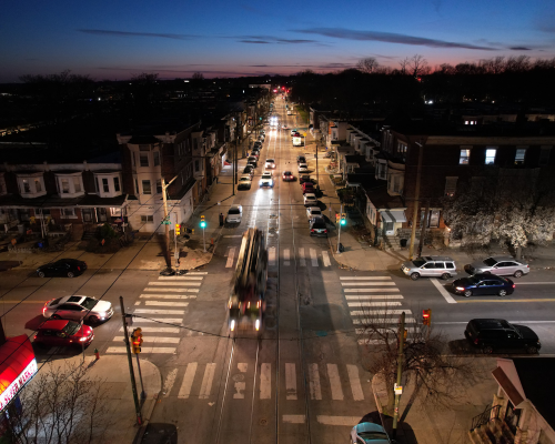 municipal-led-streetlighting-in-philadelphia Evening aerial view of municipal LED streetlighting at a residential intersection in Philadelphia