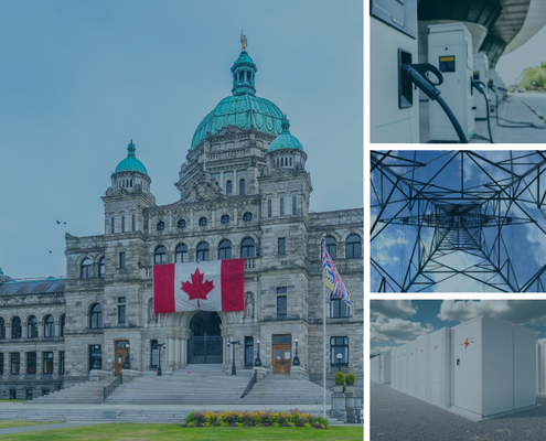 Collage of images including EV charging stations BESS enclosures an energy transmission tower and the British Columbia Parliament with a Canadian flag hanging over the entrance