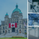 Collage of images including EV charging stations BESS enclosures an energy transmission tower and the British Columbia Parliament with a Canadian flag hanging over the entrance