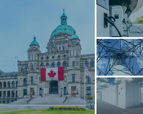 bc-hydropower-ameresco-incentive Collage of images including EV charging stations BESS enclosures an energy transmission tower and the British Columbia Parliament with a Canadian flag hanging over the entrance