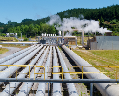 Daytime view of a geothermal power plant generating geothermal electricity