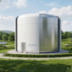 Rendering of a nuclear small modular reactor surrounded by solar panels, trees and grass.