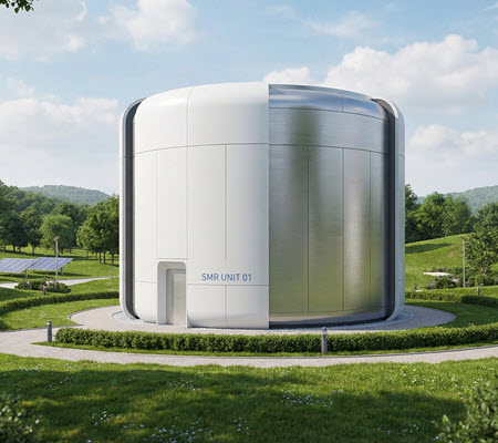 Rendering of a nuclear small modular reactor surrounded by solar panels, trees and grass.