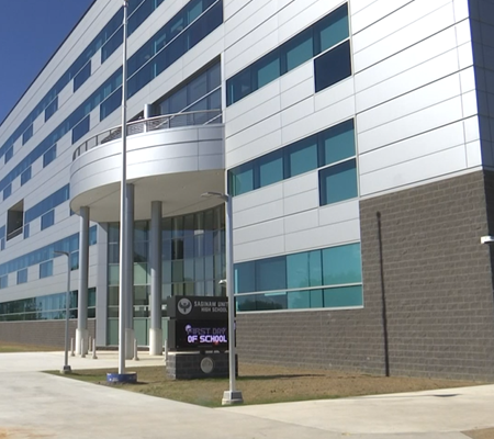 Daytime exterior view of Saginaw High School