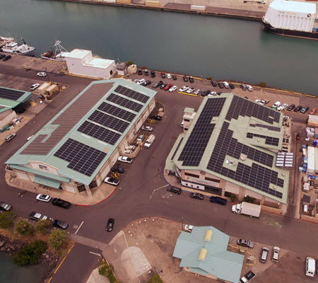 Daytime aerial view of Fresh Island Fish Company buildings with solar panels on the roof