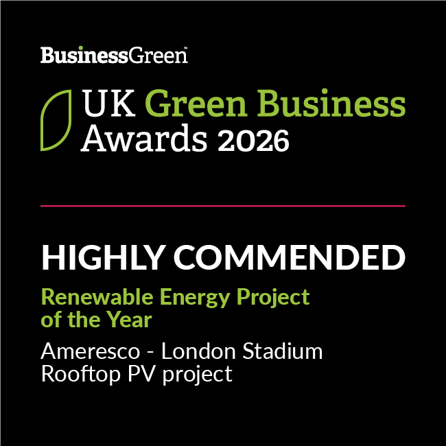 UK Green Business Awards 2026 Highly Commended Renewable Energy Project of the Year - Ameresco- London Stadium Rooftop PV Project award badge