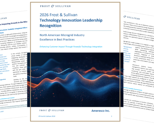 Screen grab of the cover and two interior pages for Ameresco 2026 Technology Innovation Leadership Recognition report from Frost and Sullivan