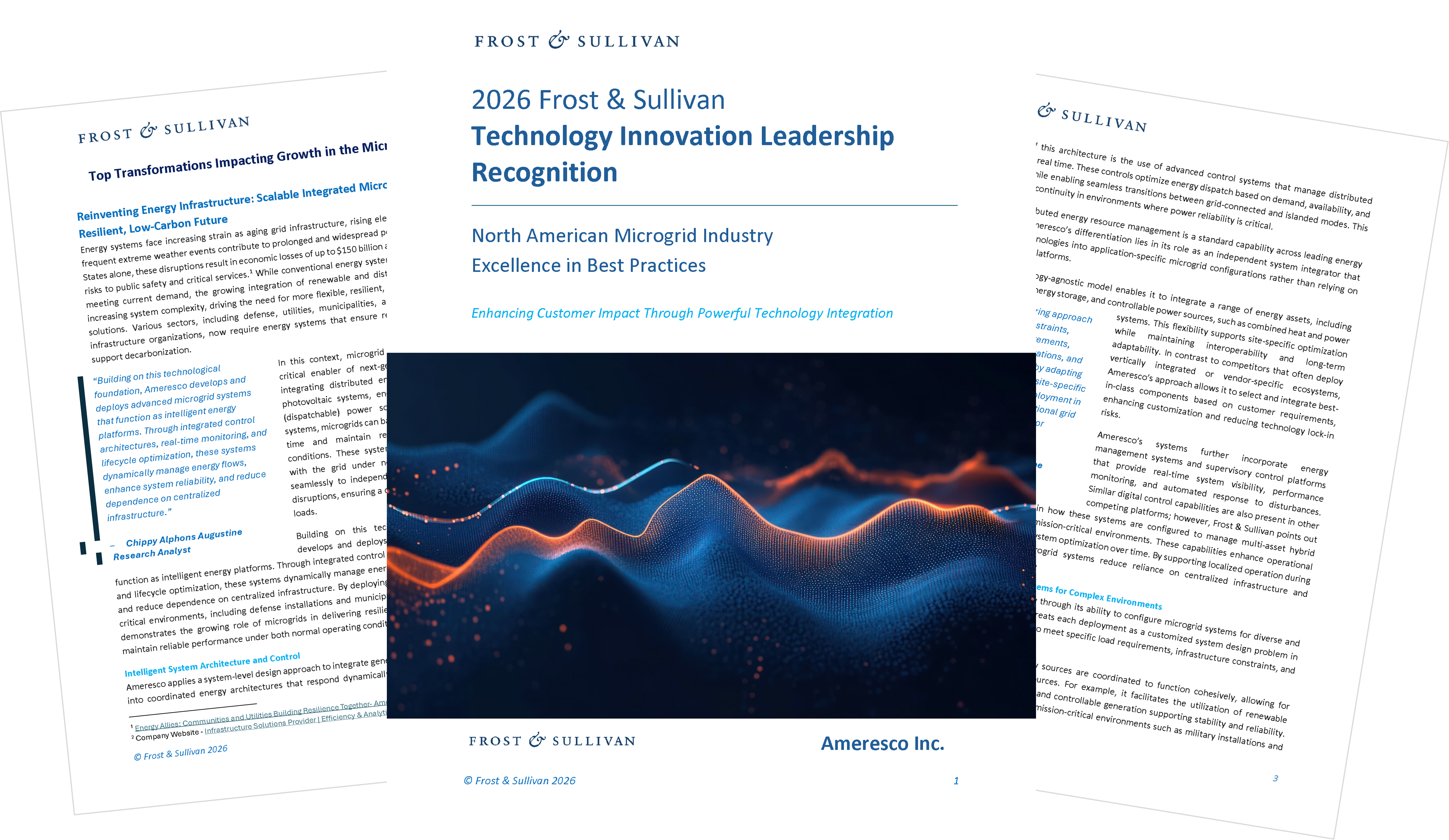 FS -2026-Tech Report v2 Screen grab of the cover and two interior pages for Ameresco 2026 Technology Innovation Leadership Recognition report from Frost and Sullivan