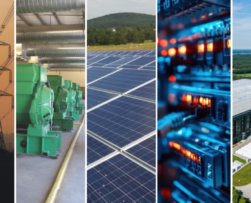 Composite image of energy technologies including high-voltage transmission towers generators solar panels compuiter servers and battery energy storage enclosures outside a data center