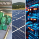 Composite image of energy technologies including high-voltage transmission towers generators solar panels compuiter servers and battery energy storage enclosures outside a data center