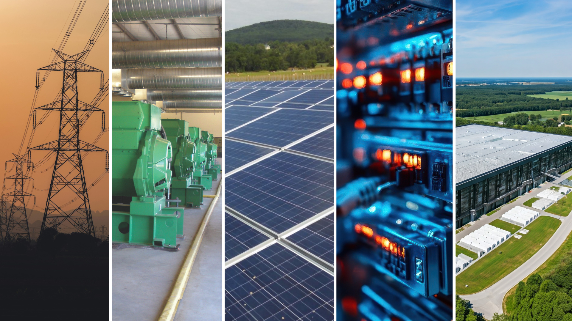 Composite image of energy technologies including high-voltage transmission towers generators solar panels compuiter servers and battery energy storage enclosures outside a data center