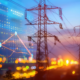 Power transmission towers against a sunset sky with a transparent overlay of charts and digital data points.