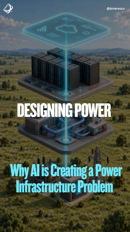 Layered illustration showing cloud-based AI technology connected to a data center, cooling infrastructure, and electrical power systems, highlighting the relationship between artificial intelligence and energy infrastructure.