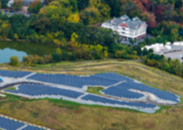 Aerial view of a landfill solar farm in the City of Lowell
